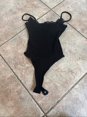 women Black Lace-Trim One-Piece Bodysuit